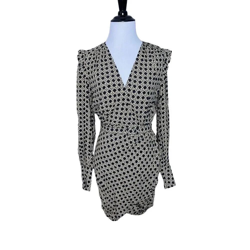 L'Academie Womens Dress XS Black Tan Basket Weave Mini Belted Long Sleeve